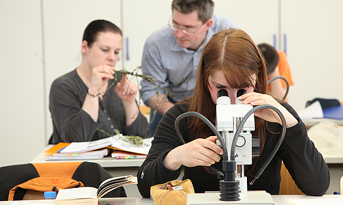 Dozenten und Studenten in einem Labor an einem Mikroskop.