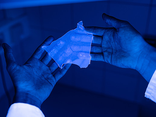 An der HSZG synthetisiertes Silikon, welches mit einem Fluoreszenzfarbstoff markiert ist, liegt in zwei geöffneten Händen.