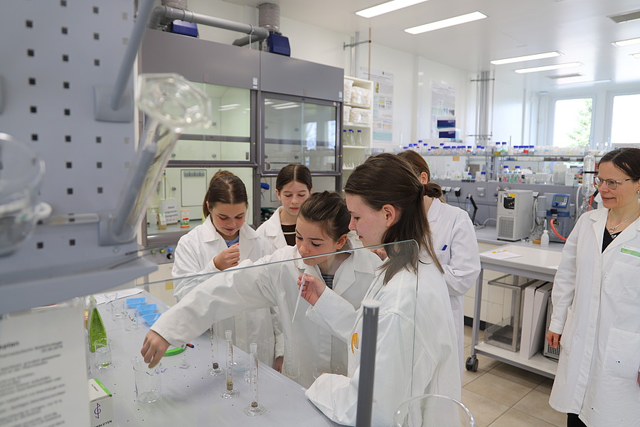 Die Schülerinnen arbeiten im Labor.
