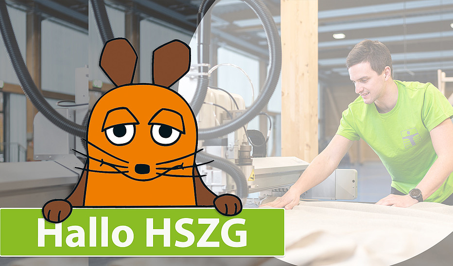 Foto: HSZG Eine Grafik von der Maus liegt über einer Abbildung der LaNDER-Halle. Ein Mitarbeiter prüft ein Werkstück.